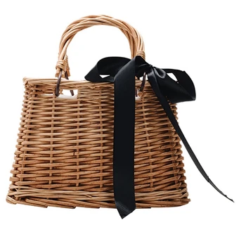 

Ribbons Bow Tie Top-Handle Wicker Bags String Rural Natural Casual Handmade Woven Rattan Bags Round Bow(Trapezoid)