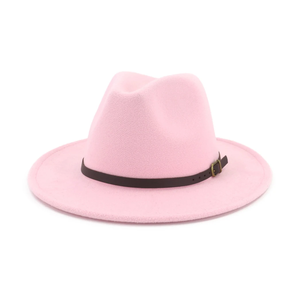 Pink Для мужчин Для женщин шерстяная шляпа Fedora с поясом поп женская шляпа Панама джазовая, шляпа Размеры окружности головы 56-58 см - Цвет: Pink