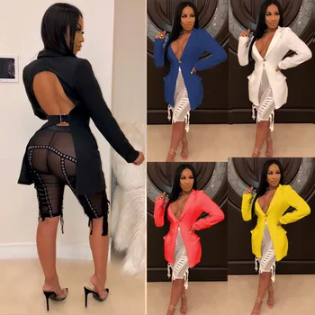 

Long sleeve irregular backless sexy suit jacket women solid color Single Button V-Neck Casual tops
