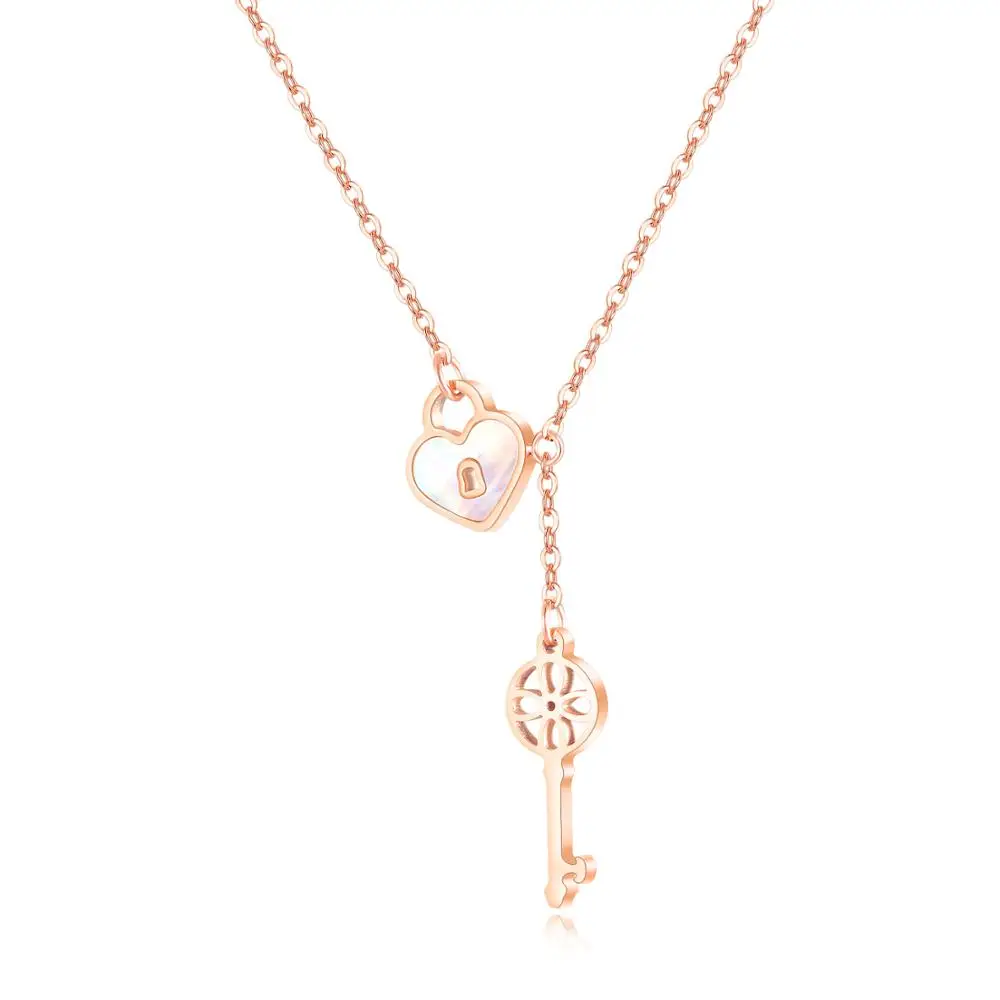 

shell lock Hollow key Rose gold pendant necklace women fashion kpop stainless steel jewelry accessories colgantes mujer moda