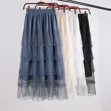 12 весенне-летняя эластичная юбка миди с высокой талией, многослойная юбка из тюля и сетки с рюшами для женщин, синие, бежевые, белые, черные женские юбки