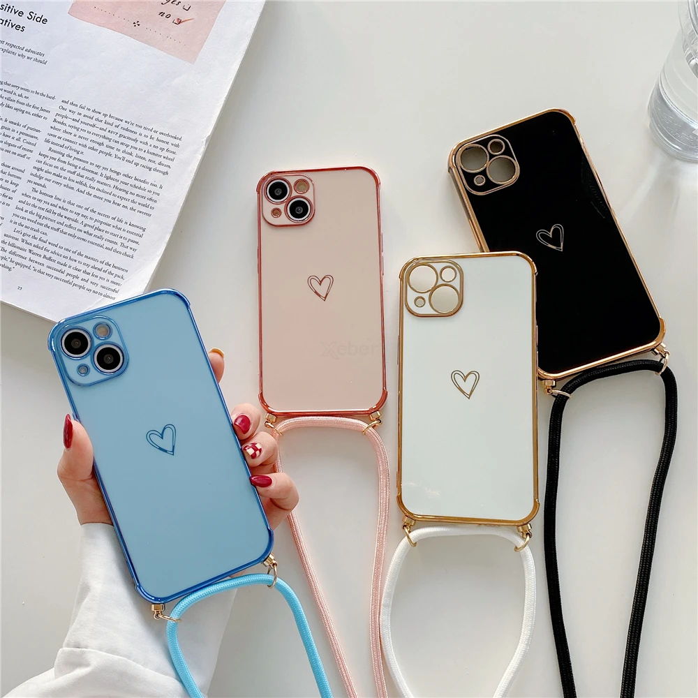 iphone 12 cover case Cute Electroplated Love Heart Lanyard Case For iPhone 11 12 13 Pro Max XS XR X 7 8 Plus Mini SE 2 Cord Rope Necklace Strap Cover apple iphone 12 case