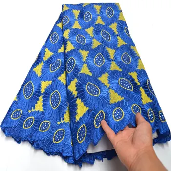 

Blue Gold African 100% Cotton Lace Fabric Latest Swiss Voile Lace In Switzerland With Stones For Wedding Dress 5 Yards MA046
