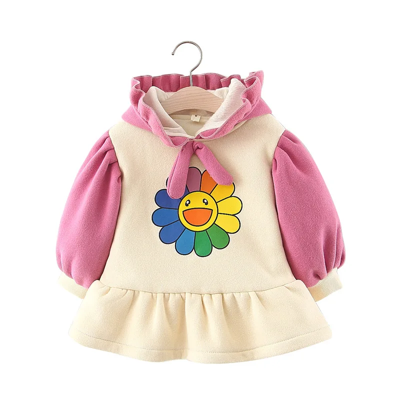 Бархатное платье с принтом смайлика и цветов для девочек, детская одежда