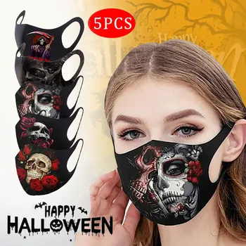 

5 Pc Reusable Colorful Fabric Face Mask Unisex Turban Stylish Halloween Skull Printed Mouth Cover Washable Mask Se6