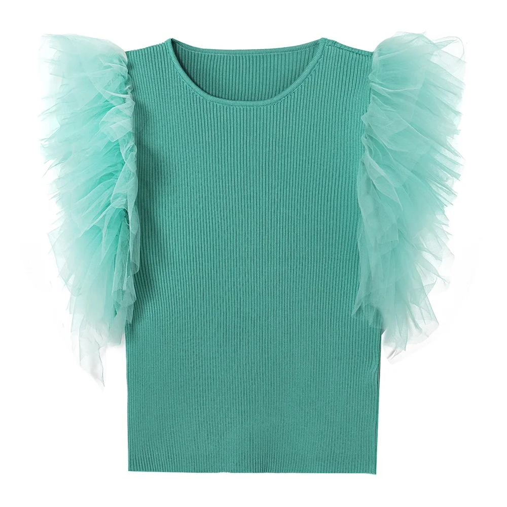 

2020 autumn European and American women new style ruffled layered decorative solid color stitching knitted top