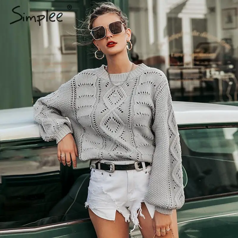 Simplee Hollow out knitted women pullover sweater Lantern sleeve female autumn winter sweater O-neck casual ladies jumper