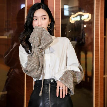 

2020 Spring Casual Women Shirts Clothing Retro Long Sleeve Pattern Joint Bandage Cloth Lapel Shirt