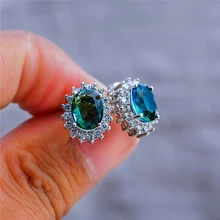 Cute Female Blue Oval Stud Earrings Simple Crystal Silver Zircon Stone Earrings For Women Luxury Vintage Wedding Earrings