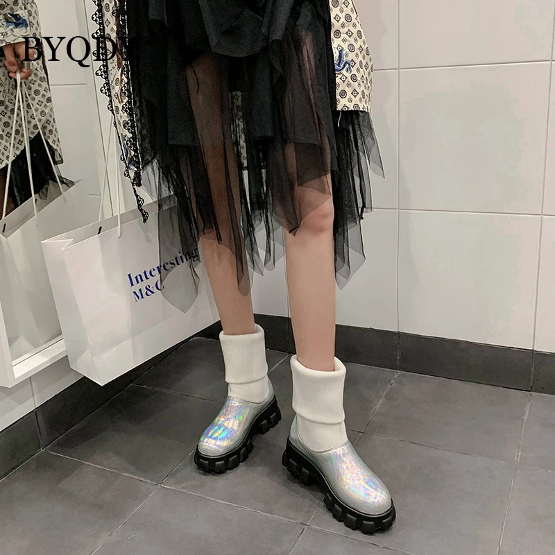 BYQDY Plus Size 46 Trendy PU Leather Mid Calf Boots Round Toe Footwear Thick Heels Lady Boots Outdoor Autumn Winter Short Boots