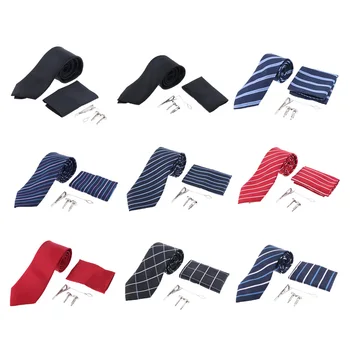 

5 Pieces Retro Men Wedding Party Formal Necktie Cufflinks Pocket Square Tie Clip Sets Accessory