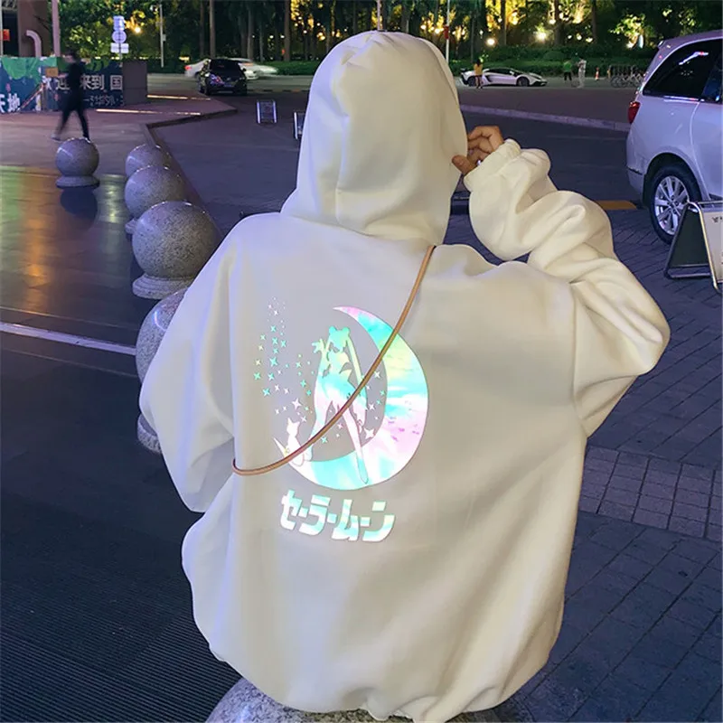 

Autumn Oversized Reflective Material Cartoon Sailor Moon Hooded Casual Loose Long Hoody Crewneck Sweatshirt Anime 2020 Fashion