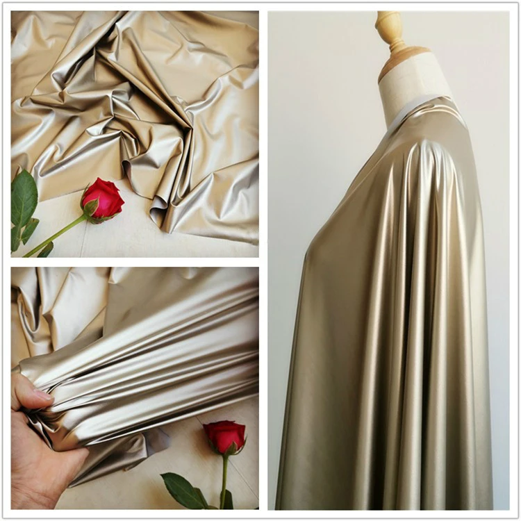 Цвет шампанского, золотой, бледно-золотой, матовый, искусственная кожа, стрейч, винил, полиэстер, лайкра, спандекс, средний вес, для изготовления одежды, ткань