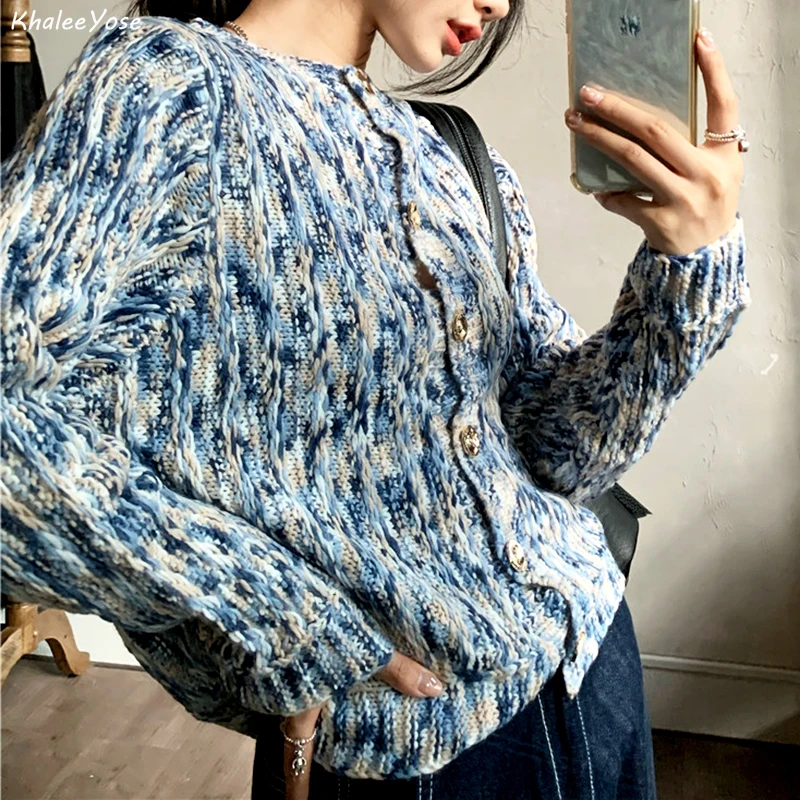 

KHALEE YOSE Blue Knitted Sweater Cardigans Autumn Winter Women Sweaters Jumper Casual Chic Long Sleeve Boho Vintage Sweaters