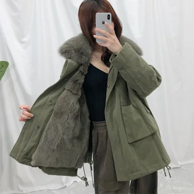 green coat green fur Natural Fur Coats Winter Coat Women Clothes Parkas Real Fur Rex Rabbit Fur Lining With Genuine Fox Fur Collar Female Jacket - Цвет: green coat green fur