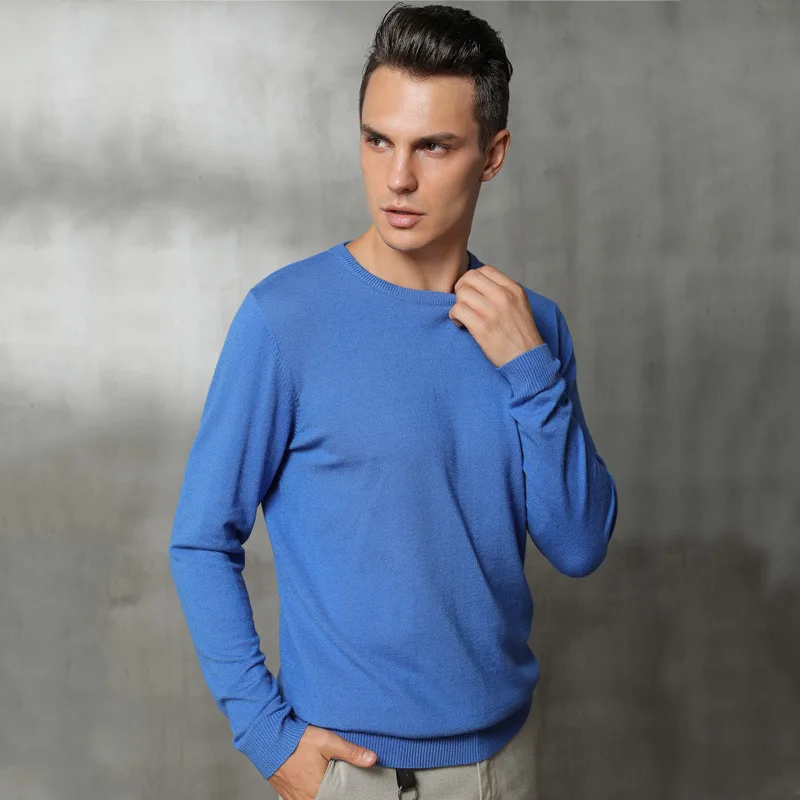 Кашемировый базовый Мужской свитер, осень, трикотажное платье-свитер, hombre pull homme hiver, однотонный пуловер, мужской тонкий вязаный свитер с круглым вырезом - Цвет: Синий
