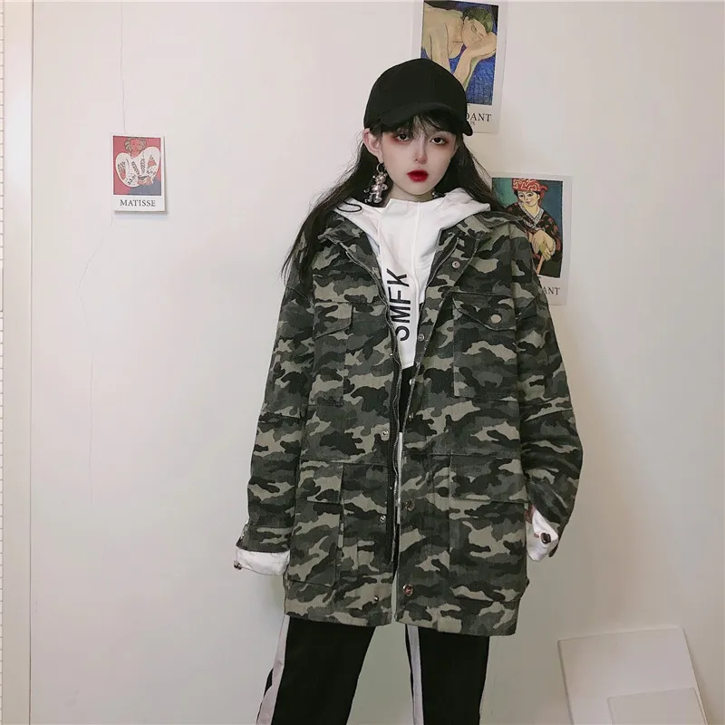 

Photo Shoot 2019 New Style Korean-style Loose-Fit Mid-length Trench Coat Retro Camouflage Workwear Coat