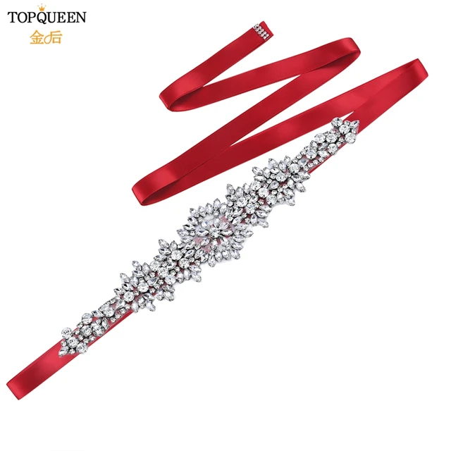 TOPQUEEN S319 Rhinestones Wedding Belts Wedding Sashes Crystal Bridal Belts Decorative Belt with Stones Jeweled Satin Ribbons Wine red ribbon