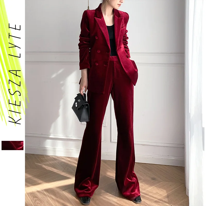 Red Velvet Blazer Sets Suit Two Pieces For Office Lady Runway Fashion