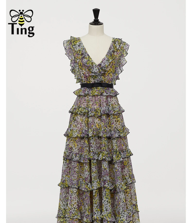 Tingfly летние дизайнерские новые модные длинные платья макси с оборками без рукавов для вечеринок многослойное длинное платье с цветочным принтом Vestidos H Chic