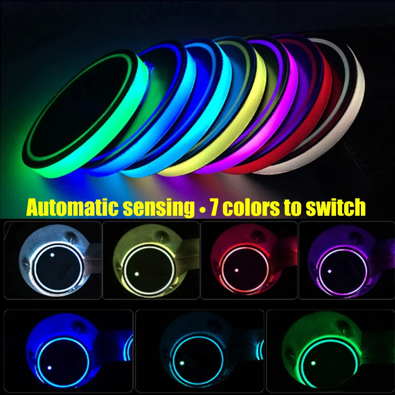 

2Pcs USB charging Car Led Cup Holder Water Bottom Mat RGB Light Decor Cover Luminous Trim Lamp Pad Ornament Coaster Accessories