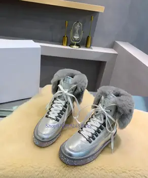 

2020 women's leather fur with leather rabbit fur elements and rhinestone decoration snow boots