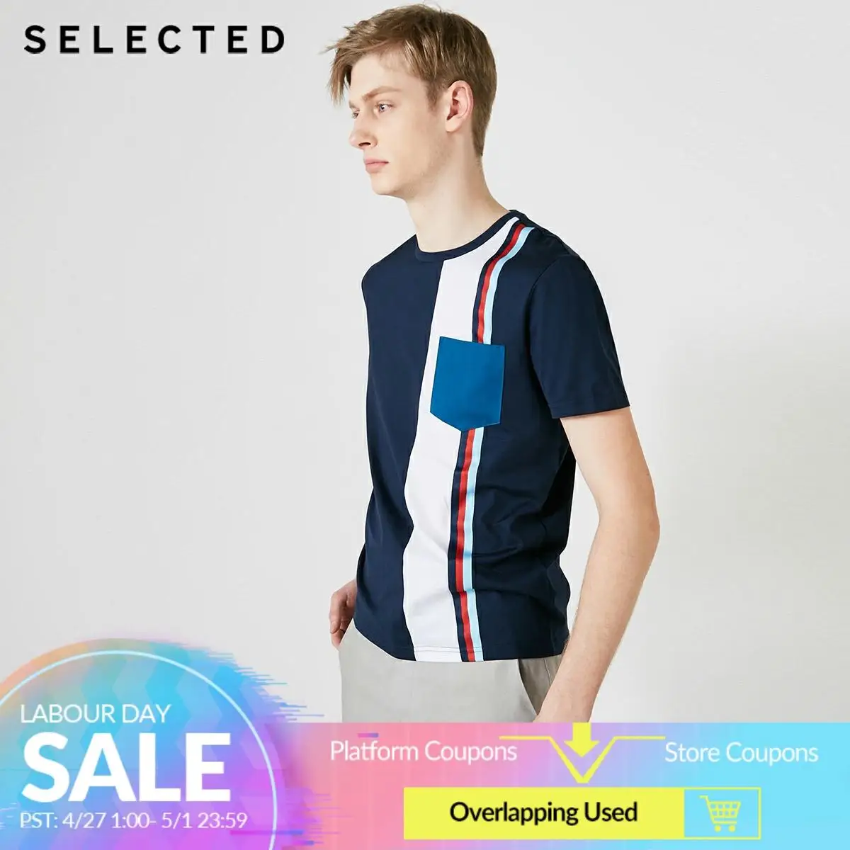 

SELECTED Men's Contrasting Splice O-Neck Short-sleeved T-shirt S|419201592