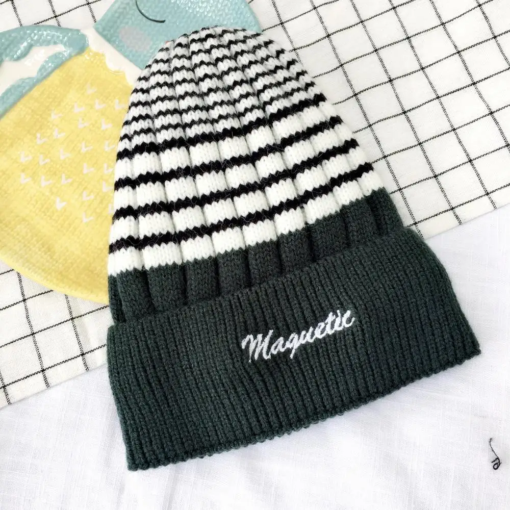 Детские шапочки Skullies Beanies для мальчиков и девочек, зимняя шапка в полоску с надписями и ушками, теплые эластичные модные аксессуары