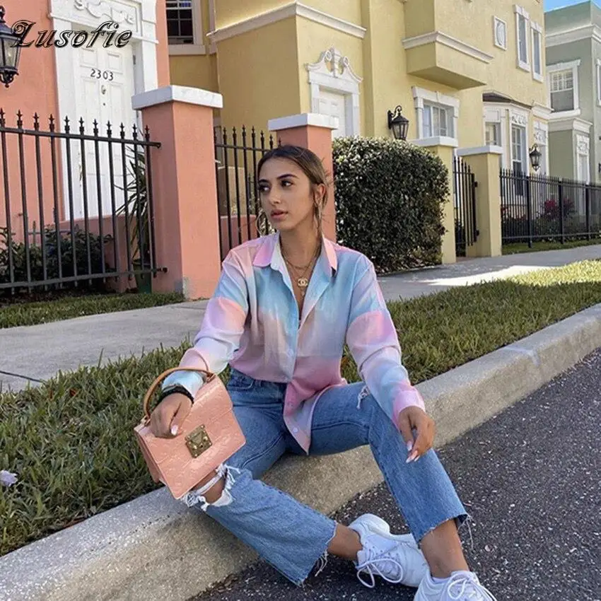 Lusofie 2020 Осенняя Новая модная уличная рубашка с длинным рукавом лацканами Женская