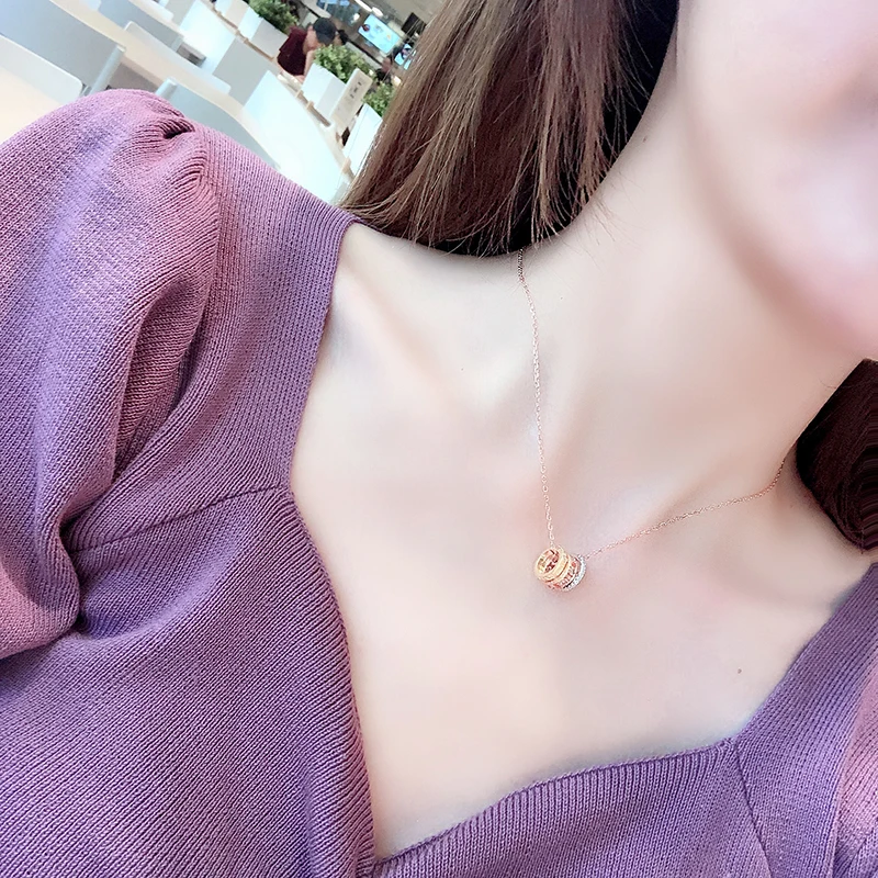 

High quality sterling silver round necklace with multi-layer circle pendant for female fashion girl rose gold clavicle chain