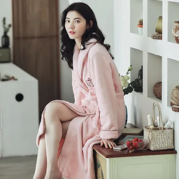 

Winter Warm Flannel Bathrobe Women Mid-Calf Bath Robe Soft Thick Cute with pocket Robes Female turn-down collar Gown Sleepwear