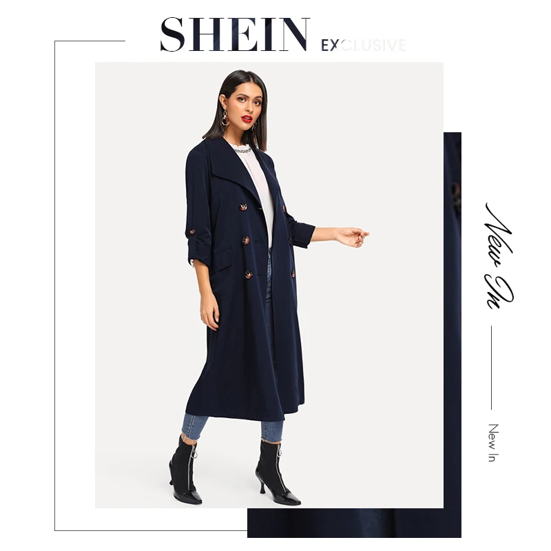 SHEIN, темно-синий свернутый рукав, двубортный с поясом, удлиненный Тренч, женское осеннее пальто с карманами, элегантная верхняя одежда для улицы