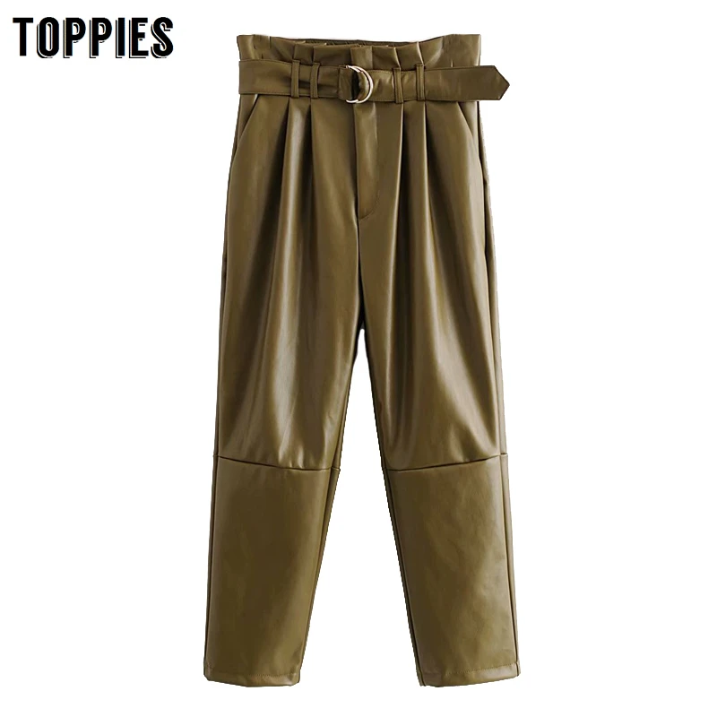 autumn winter army green leather pants high waist paperbage pants women sweatpants fashion streetwear