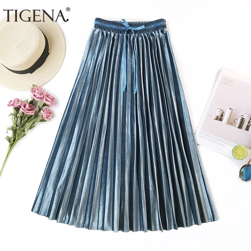 Женская юбка миди TIGENA плиссированная из бархата с высокой талией в корейском