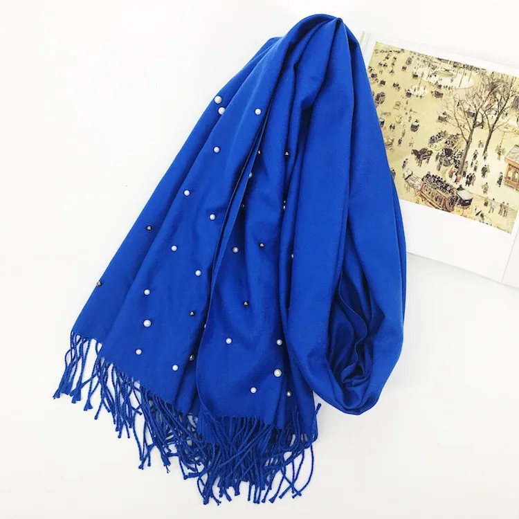 Роскошный брендовый плотный зимний шарф для женщин, теплый кашемировый шарф со звездами и жемчугом, однотонная шаль с кисточками, накидка, хиджаб, шарф из пашмины - Цвет: Синий