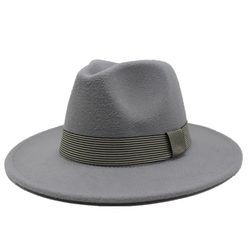 light grey Seioum унисекс шерстяной джазовый шляпы с Большими Полями Фетровая одежда Ковбой Панама Федора шляпа для женщин черный красный Трилби Дерби Федора - Цвет: light grey