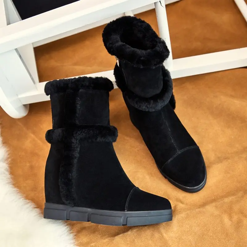 EGONERY Rabbit wool snow boots cute pink platform warm ankle boots fashion winter outdoor zipper black women's shoes