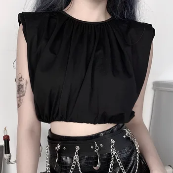 

Sleeveless Shoulder Pad T-shirt Female Street Straps Exposed Navel Top Wild Temperament Women's Summer