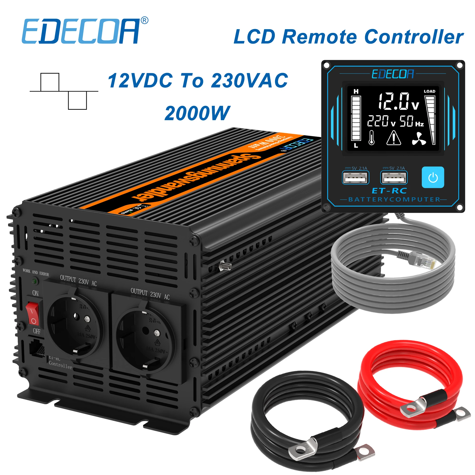 EDECOA 2000W DC 12V 24V to AC 220V 230V модифицированный синусоидальный инвертор с ЖК-пультом
