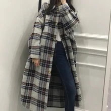 Bopstyle Женская шерстяная смесь в контрастную клетку Длинная шерстяная куртка пальто- новейшая теплая клетчатая верхняя одежда