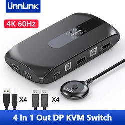Unnlink – commutateur KVM Displayport 4K 60Hz DP, 4 ordinateurs, 1 moniteur, 4 Ports USB 2.0, souris, clavier pour ordinateur portable, TV 