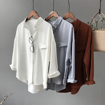

High quality Casual Chiffon white Women blouse shirt oversized Three Quarter sleeve loose shirt office wear casua tops blusas