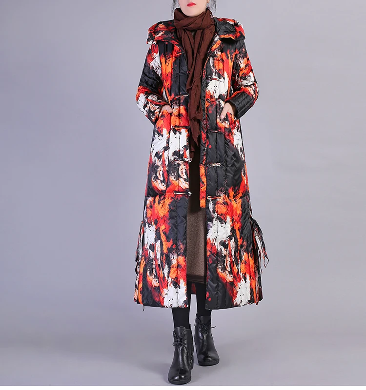 Зимнее пальто с капюшоном в стиле ретро, с принтом, с утиным пухом, Женская длинная теплая пуховая куртка выше колена, толстые теплые парки F418