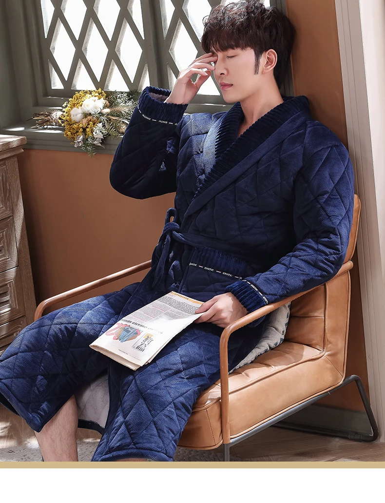 Men's Winter Plush Quilted Lengthened Shawl Bathrobe Home Clothes Long Sleeved Robe Coat men robe thick pijamas hombre robes 3XL