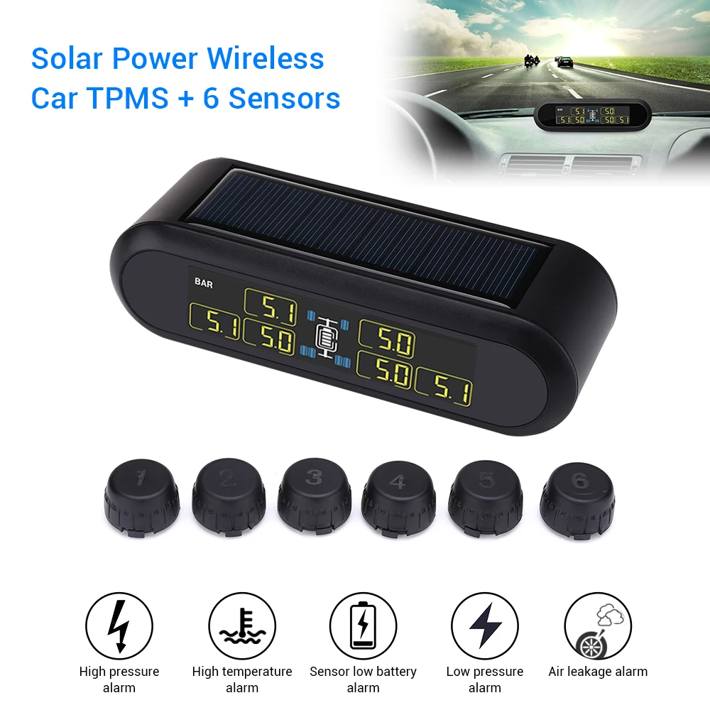 

WONVON Solar Power Wireless Car TPMS Tyre Pressure LCD Monitoring System Smart Car Tyre Pressure Sensor Auto Security Alarm