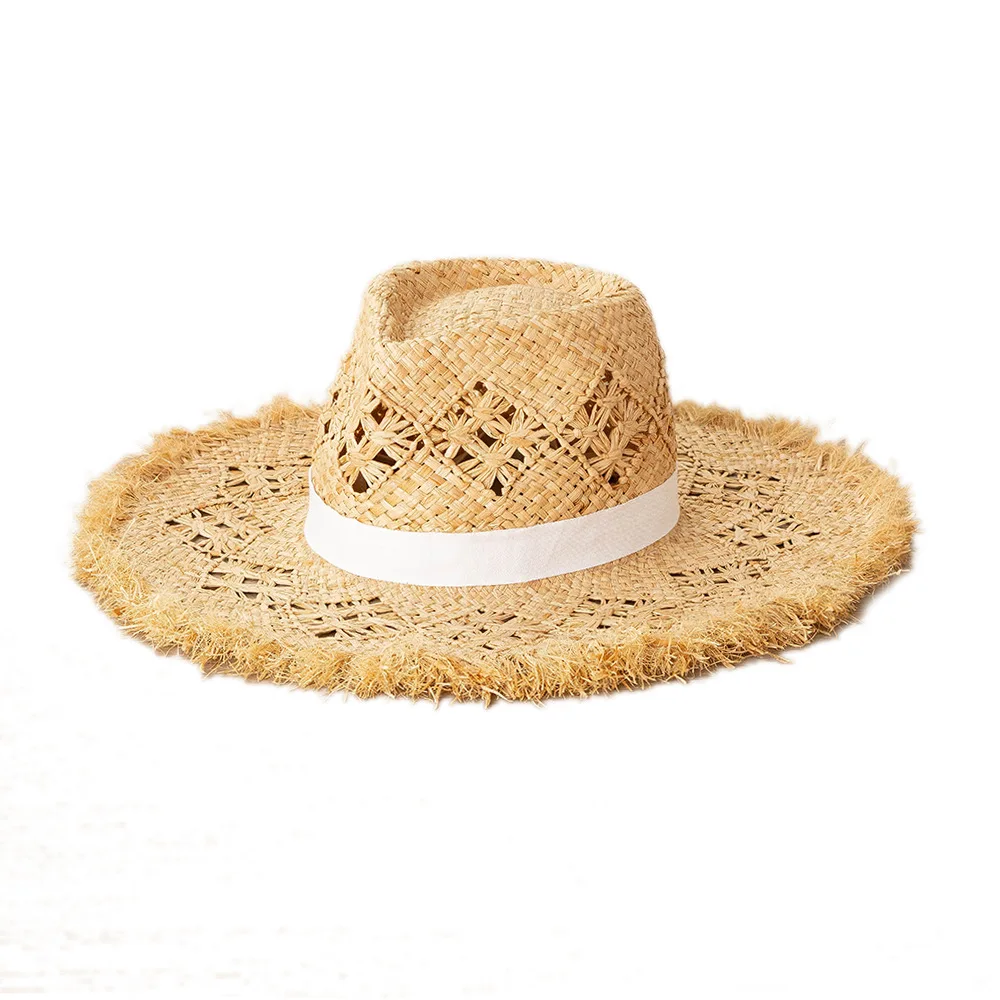 Handmade Hollow Raffia Hat For Women Pattern Knitting Beach Hat Wide