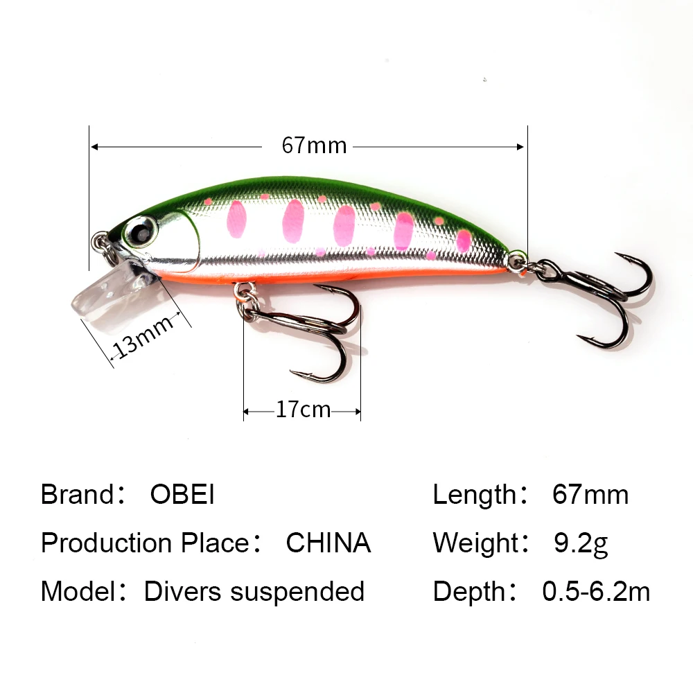 OBEI  Fishing Lure Laser Hard Artificial Bait 3D Eyes 67mm 9.2g Fishing Wobblers diving 0.25m-6.2m Crankbait Minnows 3/4/5pcs