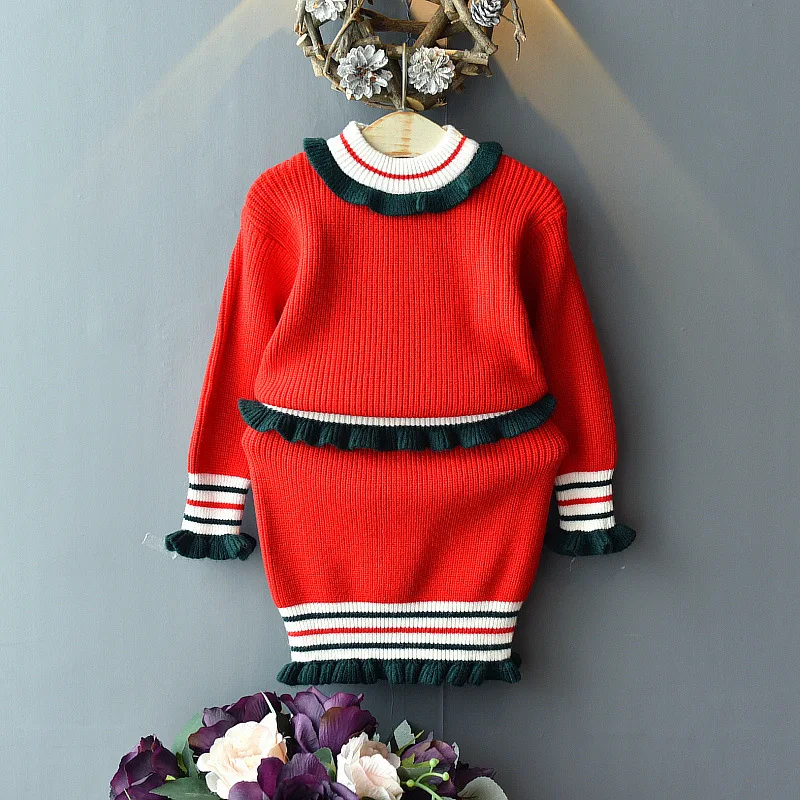 

2019 Girls Autumn Clothing New Style CHILDREN'S Sweater Set Kids' Sweater Stripe Spell Color Lace-up Two-Piece 913