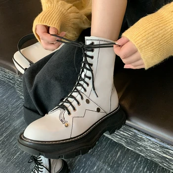 

2020 Winter Newest Mid-Calf Boots Zipper Genuine Leather Round Toe Platform Laces Up Chunky Heels Pumps Basic Shoes Woman