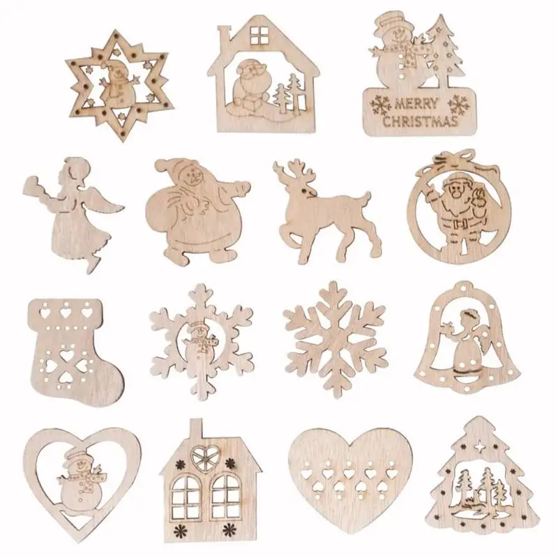 15pcs Christmas Wooden Hollowed-out Bells Elk Snowflake Love Originality Scene Props Pendant Home Ornaments | Дом и сад